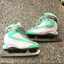 White/Green/Gray Lace-Up Figure Ice Skates Pair for Ice Skating