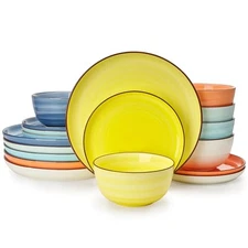  Plates and Bowls Sets, 18 Piece Service for 6 - 18 Pcs Assorted Colors