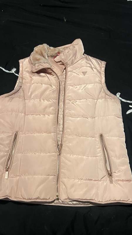 GUESS Girls Pink Puffer Vest Faux Fur Collar Full Zip Pockets Size 14
