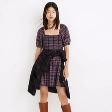 MADEWELL Lucie Puff-Sleeve Smocked Mini Dress in Rockfern Plaid {FF30}
