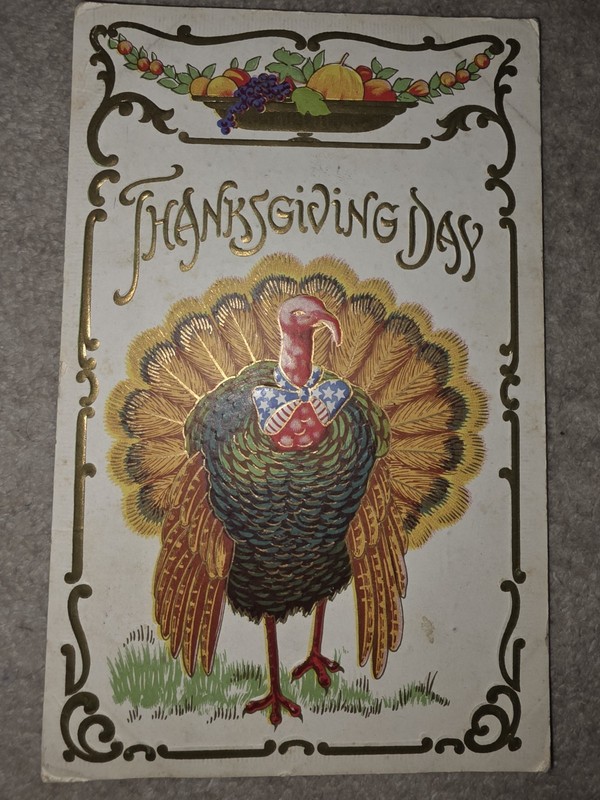 Vintage THANKSGIVING PATRIOTIC TURKEY POSTCARD Early 1900s Fruit Great COLORS!!!