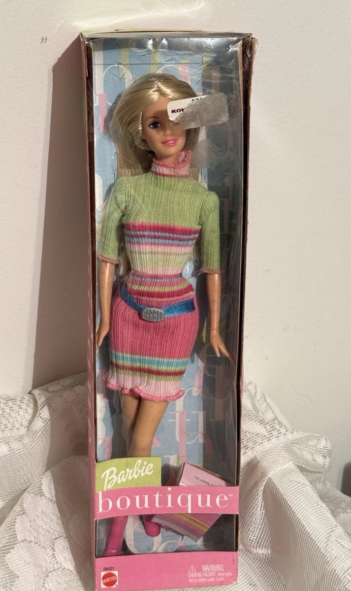 2002 Mattel Barbie Boutique Blonde Doll Striped Sweater Dress