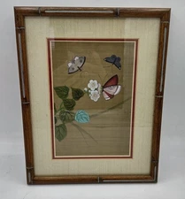 Vtg Chinoiserie Watercolor Wall Art Silk Paper Butterflies Floral Wood Frame 10"