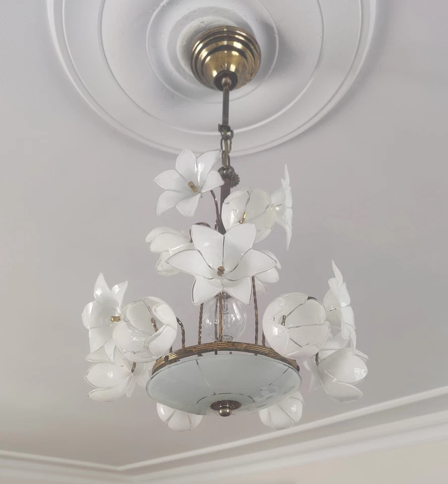 Vintage White Murano Milk Glass Calla Lily Chandelier - Image 3 of 4