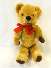 Vintage Merrythought Bear Mohair Golden Brown Red Bow 13" Orange Eyes