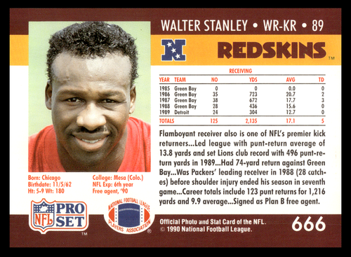 1990 Pro Set Walter Stanley #666 Washington Redskins NFL Football Base ...