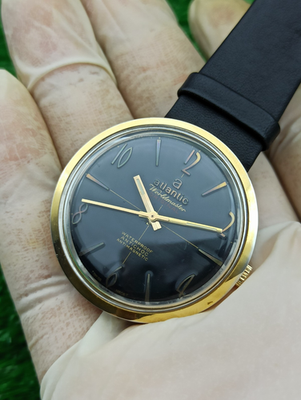 #ad 1960#x27;s Vintage Atlantic Worldmaster Original Watch Manual 17 Jewels Black 37 MM $444.00