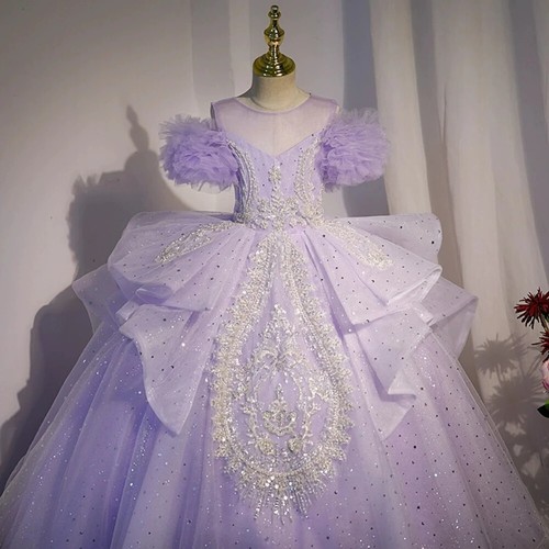 Luxury Bead Princess Dress Girls Purple Sequined Ruffles Ball Gown Party Costume - Picture 9 of 15