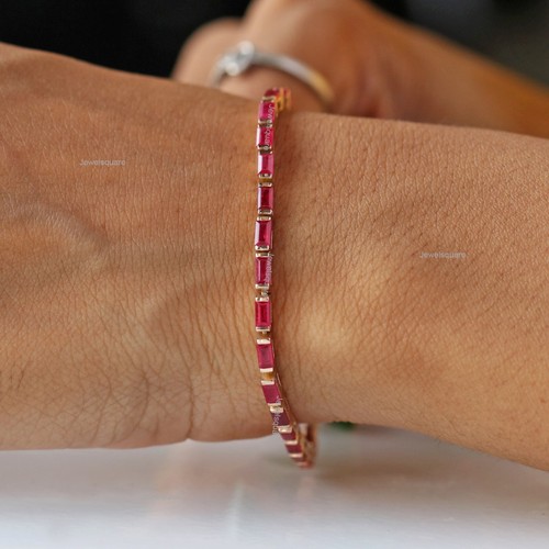 4x2mm Natural Baguette Ruby Stackable Tennis Bangle Bracelet 14k Yellow Gold - Picture 2 of 9