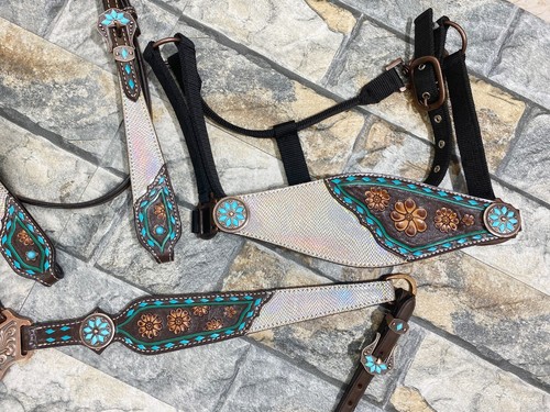 Leder Western Kopfstück Set für Pferd verziert mit holografischem Snack Print - Bild 23 von 79