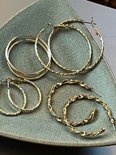Lot of Large Etched Twist  Lightweight Various Goldtone HOOP Earrings for Pierc