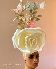 Kentucky Derby Hat Rainbow Butterfly White Rose Fascinator Bridal Floral Easter