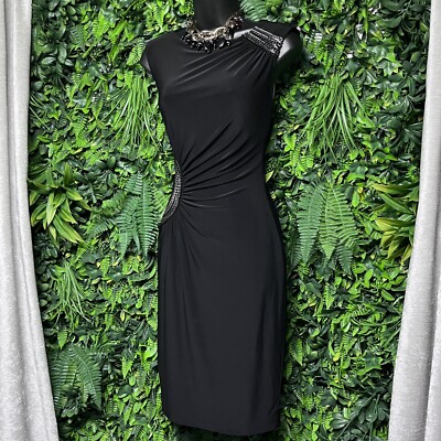 CACHE Dress Women Small Black Chain Embellished Ruched Pleated Cocktail 2793
