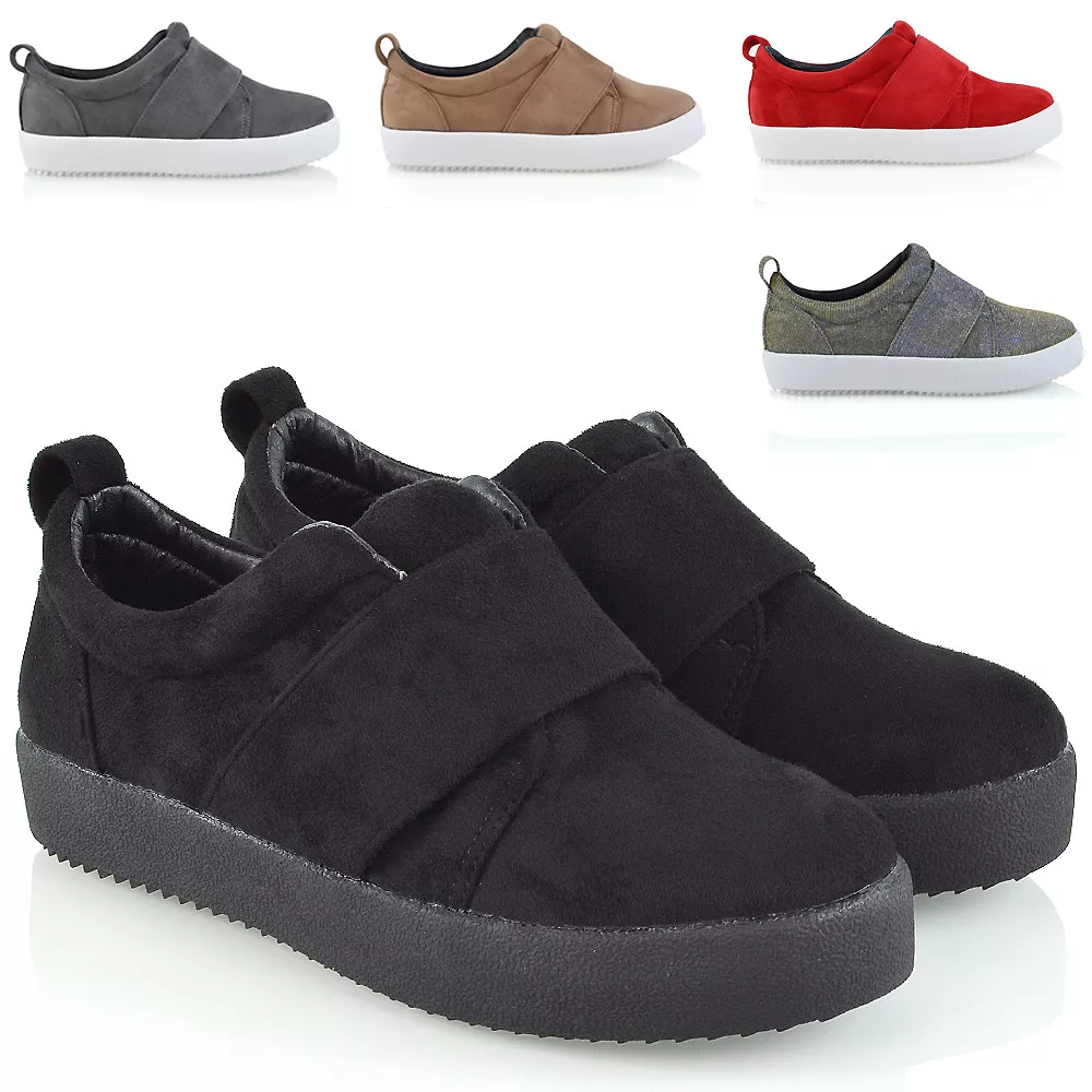 Womens Flatform Sneakers Pull On Tab Ladies Cross Band Pumps Faux Suede Trainers