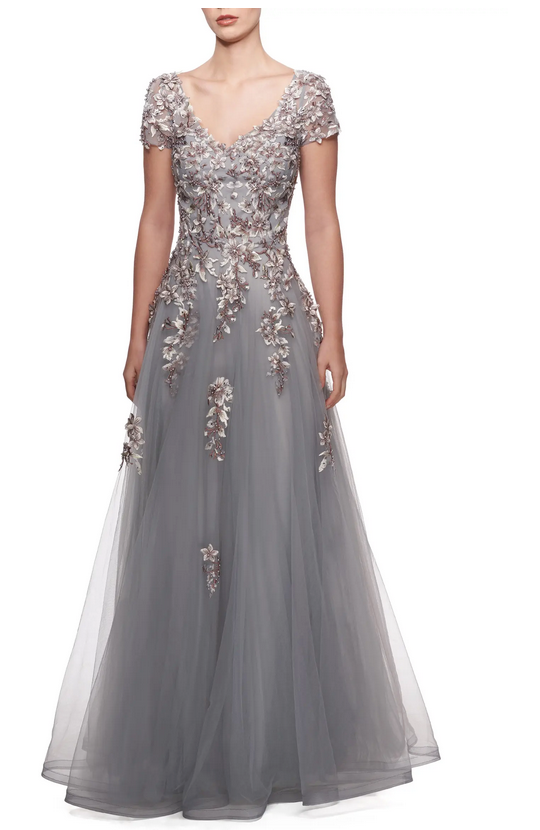 La Femme Short Sleeve A-Line Gown with Beaded Lace Appliques - Grey - 20 La Femme Short Sleeve A-Line Gown with Beaded Lace Appliques - Grey - 20