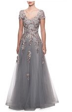LA FEMME Embroidered  Beaded Tulle A-Line Gown Dress Grey Sz 8