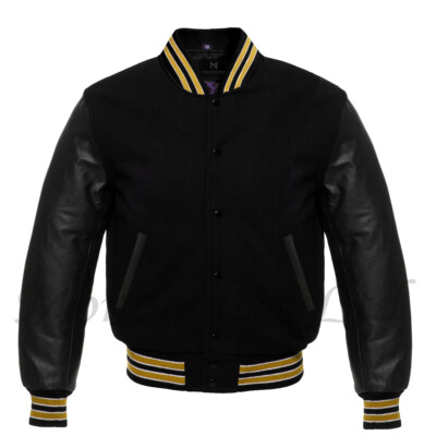 Men Varsity Letterman Solid Black wool Genuine Leather Sleeves college  Jacket