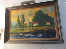 Vtg 1 FAMILY OWNED Landscape Original Oil on Canvas MCM Painting Signed 43x31"