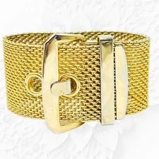 Vintage Wode Buckle Bracelet Gold Tone Statement Adjustable