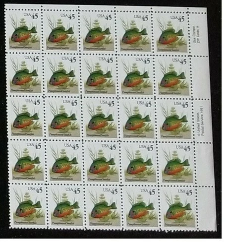 US Scott # 2481 Plate Block Of 25 Stamps MNH Pumpkinseed Sunfish