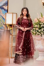 New Pure Chinnon Silk Maroon Salwar Kameez With Dupatta For Indian Party