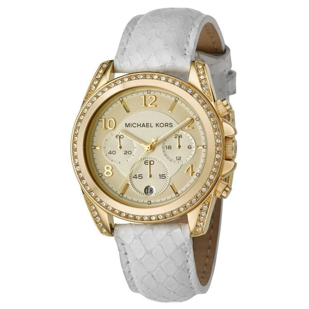 MICHAEL KORS WHITE PYTHON LEATHER GOLD TONE CHRONO CRYSTALS DATE