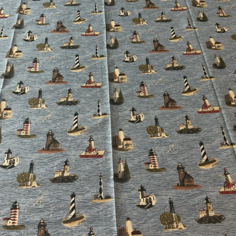 Vtg Blue Lighthouse Fabric VIP Cranston Village US Postal Service Cotton 2 Yards - Image 2 of 4