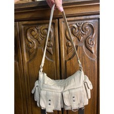 Vintage Y2k Tan Herringbone Canvas Utility Cargo Shoulder Bag Multi Pocket Bag