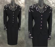 BEAUTIFUL st john evening knit pink black rhinestones embellished skirt suit 4 6