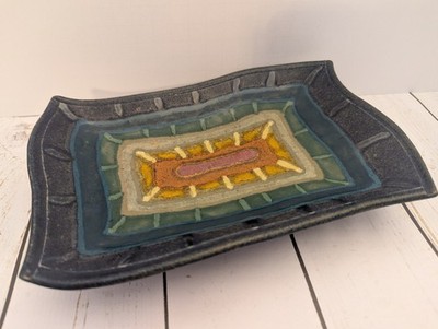 Handmade Studio Art Pottery Rectangular Footed Rainbow Trinket Dish Signed 2002