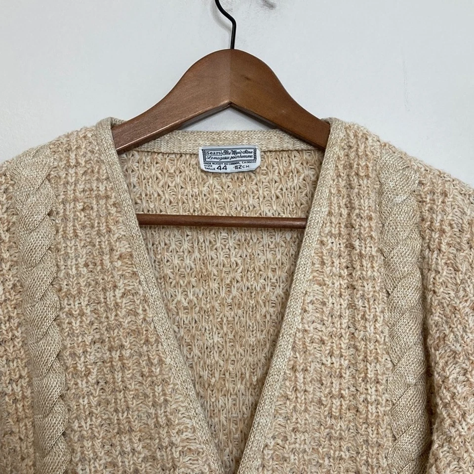 Vintage Cardigan Sweater Mens Large Beige Cable Knit Eclectic Grampa Grunge Foto 3 de 4