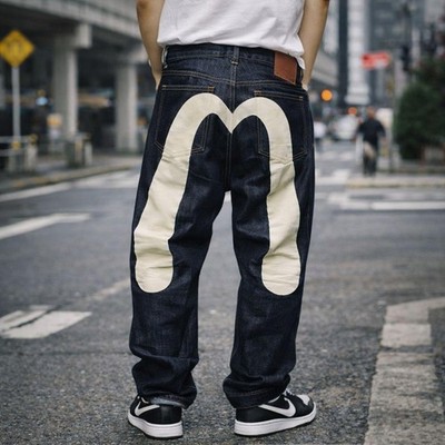 EVISU LOT2000 White Black Big Seagull Print Jeans 40x34 Indigo
