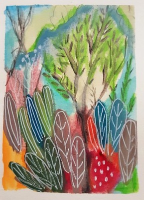 OOAK Original Gouache Gemälde ACEO Abstrakt Garten Landschaft Sammelkarten