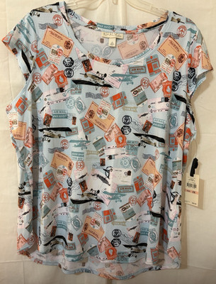 NWT EMALINE WOMAN Key Items Cap Sleeve Scoop Neck Postcard Pattern Top Size 2X