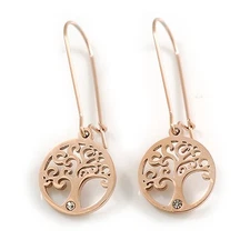 Rose Gold Tone Tree of Life Round Drop Earrings with Kidney Wire Hooks - 35mm