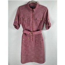 Sharagano Belted Utility Safari Shirt Dress 4 Maroon Cargo Pockets Old Money