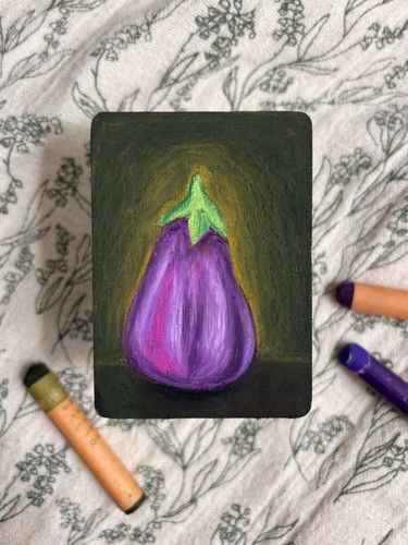 ACEO Original Art, Eggplant,  ATC, Food, Small, Oil pastel painting, Still life