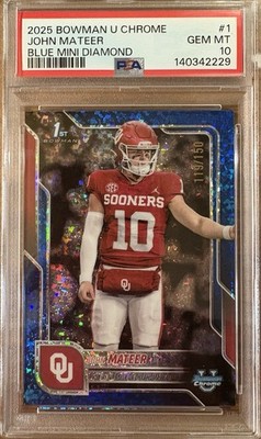 Topps 2025 Bowman University Chrome John Mateer #1 Blue Mini-Diamond /150 PSA 10