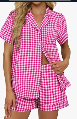 Women's 2 Piece Pajama Sets Plaid PJ Set Short Sleeve Button Pink Medium - Picture 2 of 4