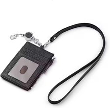 Real Leather ID Badge Holder with Lanyard Retractable Reel, Card Holder