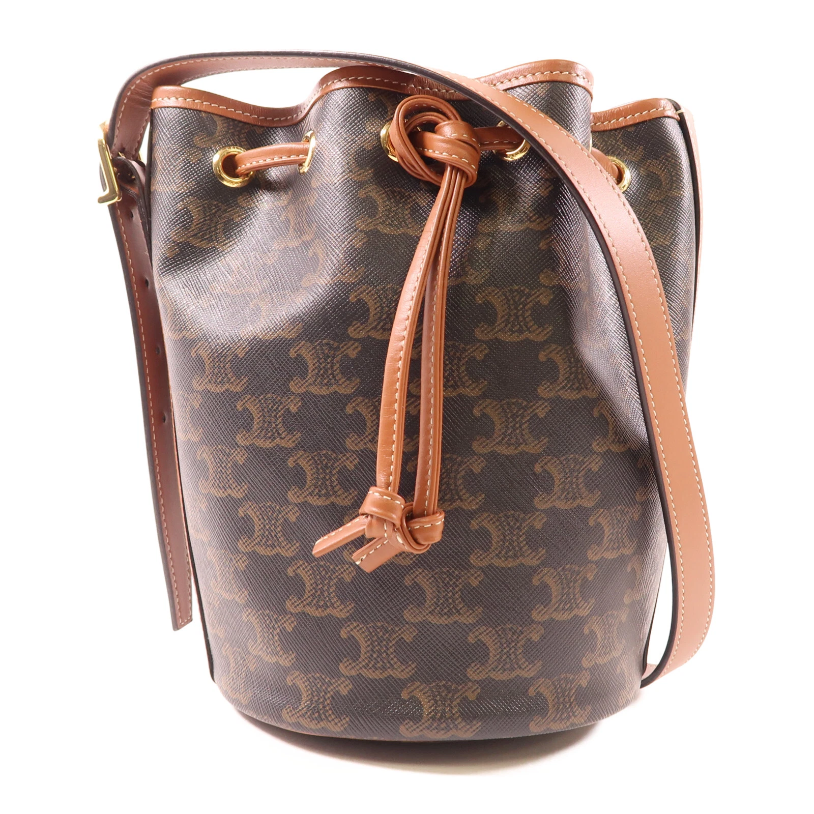 Borsa a tracolla CELINE GHW Triomphe con coulisse piccola secchiello rivestita in tela marrone