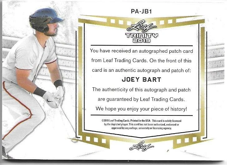 2019 Leaf Trinity Baseball JOEY BART #PA-JB1 Patch On-Card Autograph 14/35 - Image 2 of 2