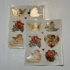 Vintage Hallmark Victorian Style Cherubs Valentine Rose Flowers 2 Sticker Sheet