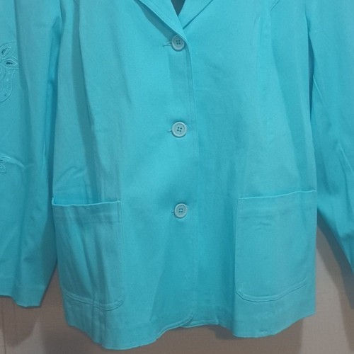 Susan Graver Blazer 1X Women's Turquoise Jacket Floral Cutout Sleeves and Back - Picture 4 of 11