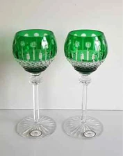 2 x 2 pcs AJKA XENIA KING LOUIS EMERALD GREEN CUT TO CLEAR CRYSTAL WINE HOCKS