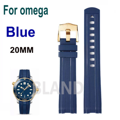 20mm Blue Rubber Watch Strap Band For Omega Seamaster Diver 300m 600m 42MM Gold 