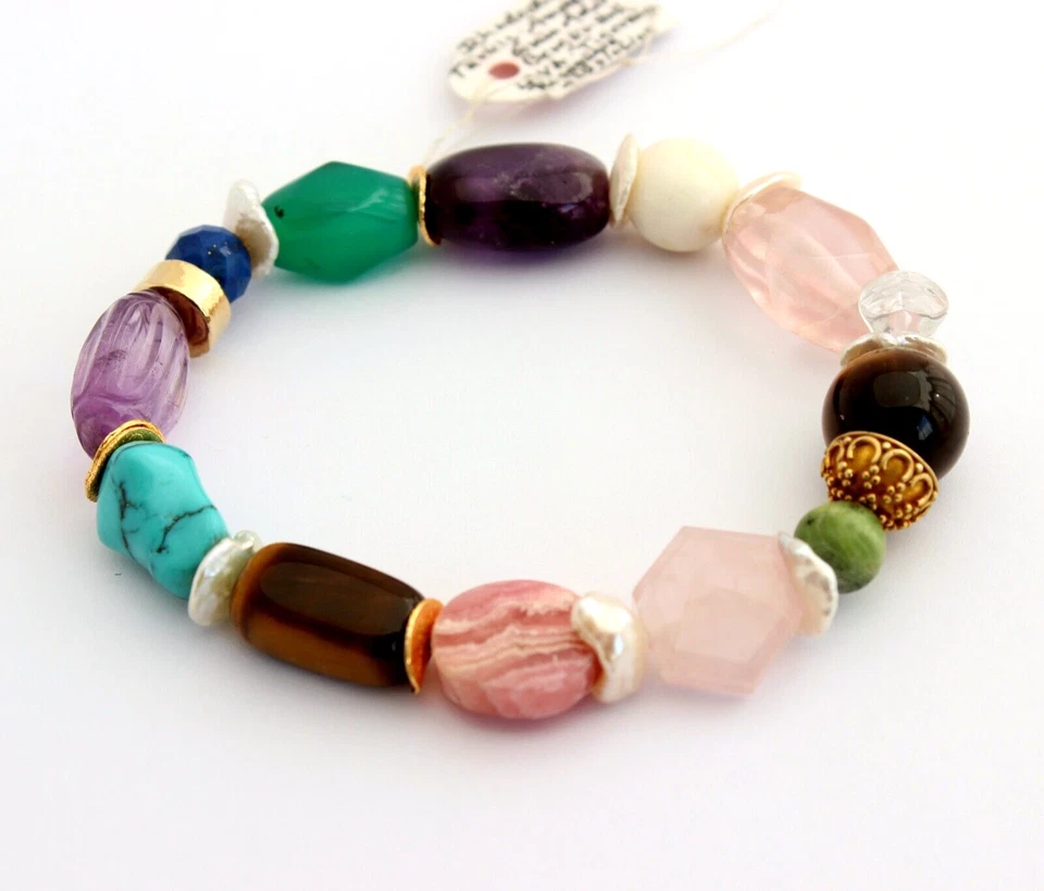 Wunderschöne Feine Edelstein Armband mit vergoldet 925 Silber auf Gummiband Bunt - Bild 2 von 3