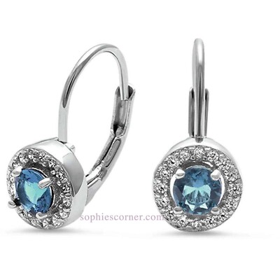 Zierliche Aquamarin Halo Ohrringe mit Hebelverschluss in Sterlingsilber