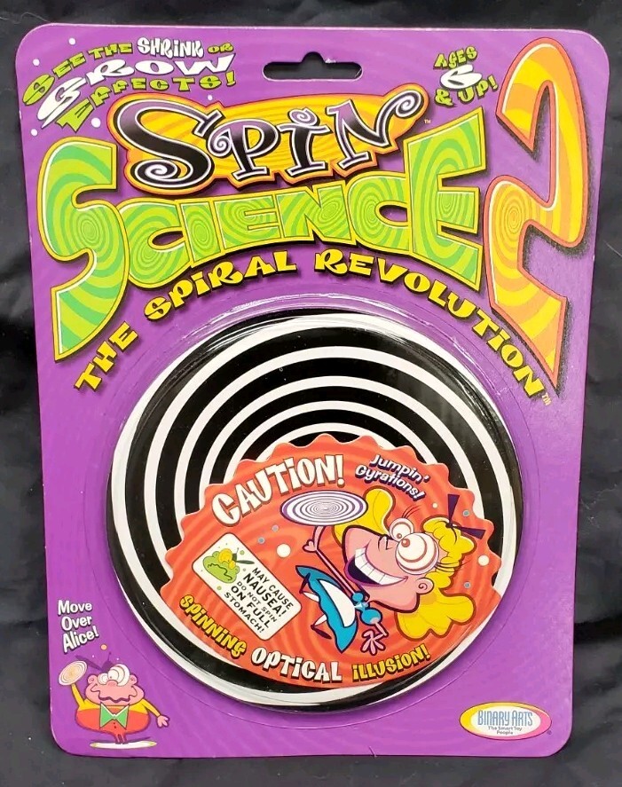 A sealed vintage Binary Arts spiral optical illusion toy — the kind of mesmerizing desk fidget that predates algorithm-served dopamine.