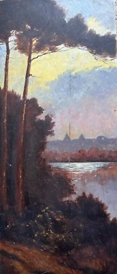 Beau Tableau Ancien bord de rivière au crépuscule Lune ciel pins maritime 19 ème - Photo 1/4